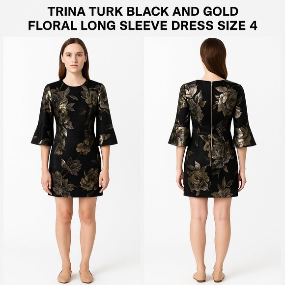 TRINA TURK BLACK GOLD FLORAL BELL SLEEVE DRESS 4 NWT - Picture 1 of 10
